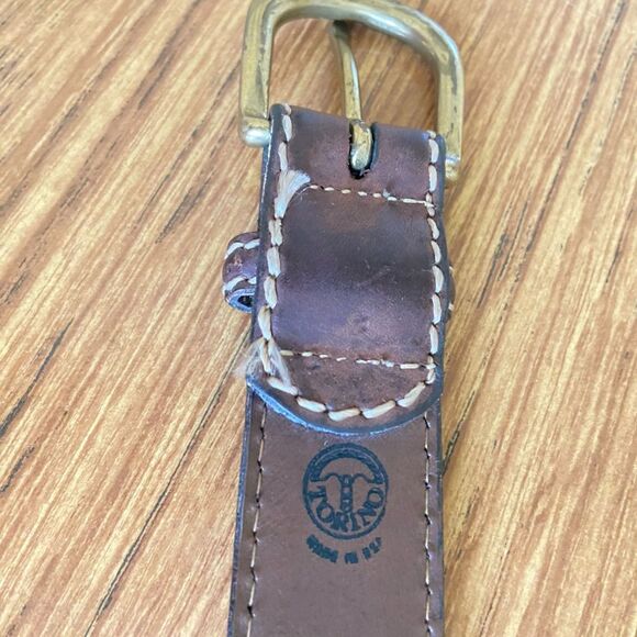 TORINO - Brown Leather Brass Buckle Belt - size 36 - Picture 6 of 11